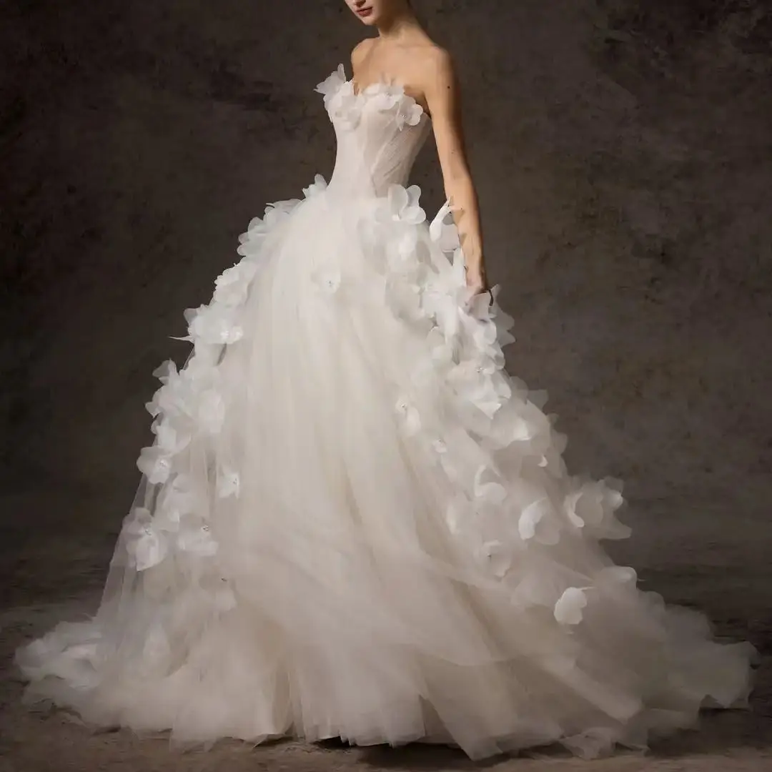 

Ofherown A-Line 3D Flowers Appliques Wedding Dresses Strapless Lace Up Bridal Gowns Court Train vestido de novia Customized