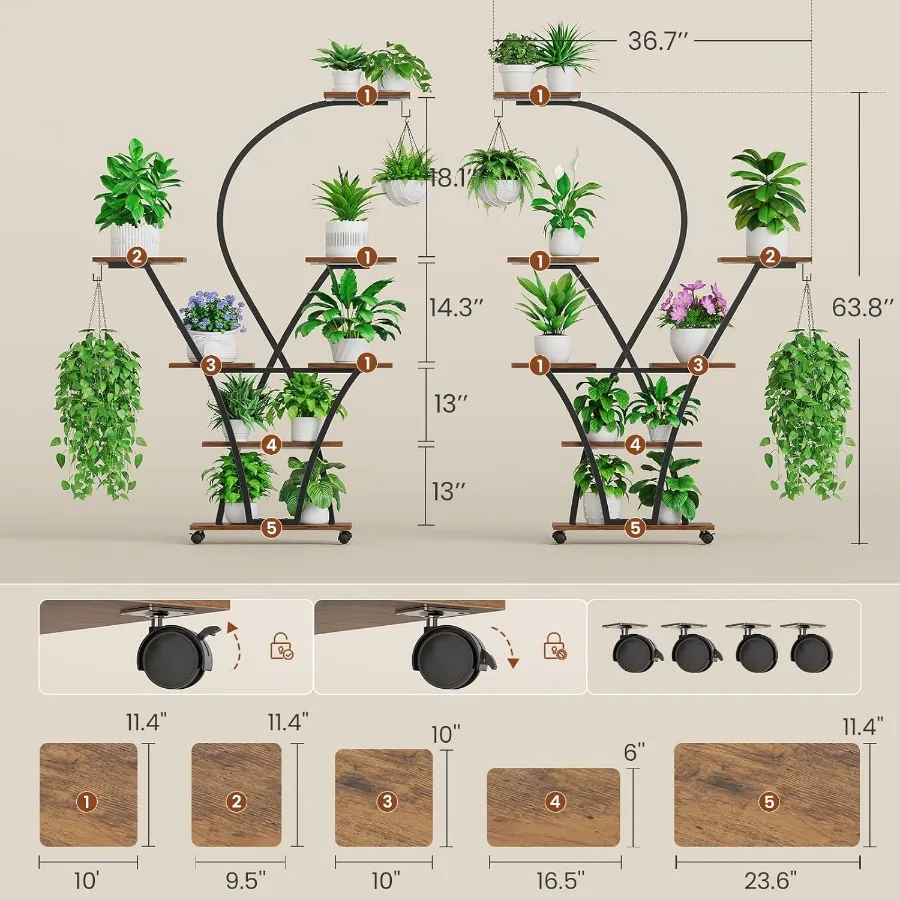 حامل نباتات داخلي طويل القامة 64 بوصة مع ضوء النمو، عبوة من 2 رف نباتات زاوية مكون من 7 طبقات يتميز بعجلات وحوامل نباتات منحنية fo #5