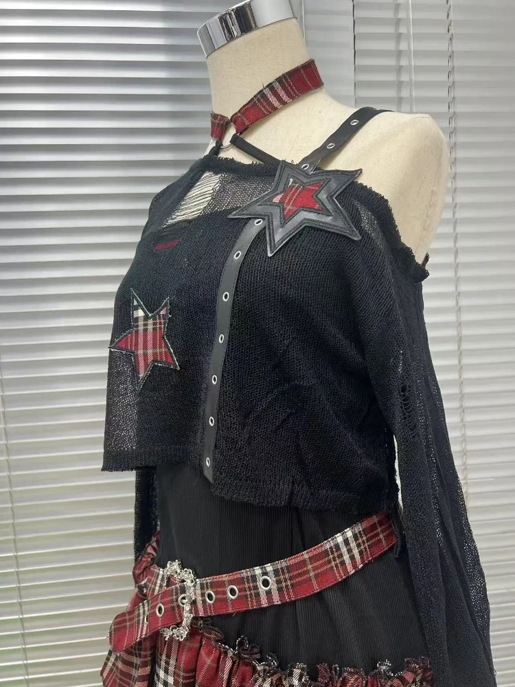 Harajuku خمر 2 قطعة مجموعة المرأة السوداء Y2k المحاصيل بلوزة + غير النظامية الدانتيل المرقعة فستان موضة ريترو الدعاوى ضئيلة القوطية