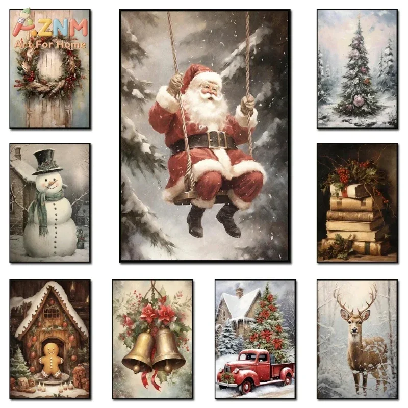AZNM Vintage Oil Painting Christmas Diamond Wall Art Swing Santa Snowman Reindeer Red Truck Wreath Bell Winter Cabin Holiday H