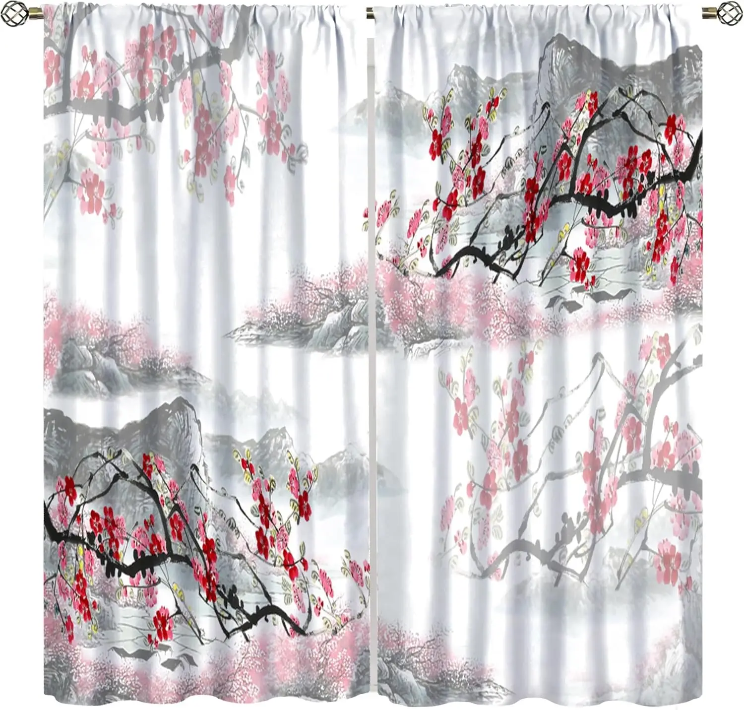 Cortinas asiáticas de flor de cerezo, cortinas Retro simples de tinta japonesa roja con paisaje de flor de ciruelo para tratamientos de ventana para niñas que viven Ro