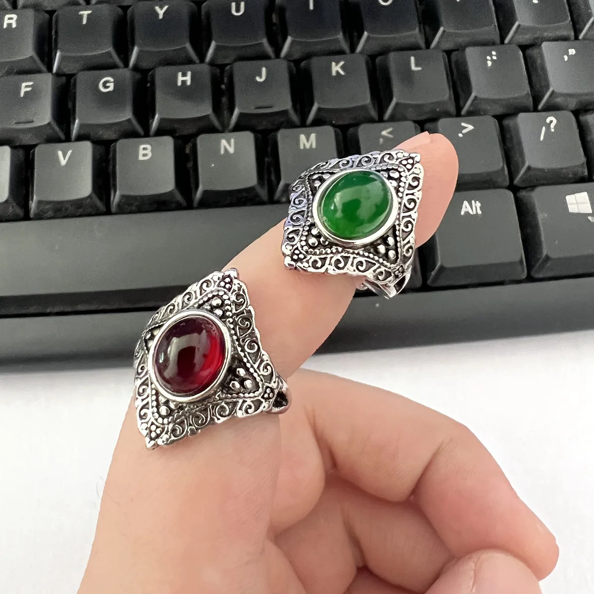 Adjustable Prehnite Rings, Stainless Steel Punk Jewelry for Women Men, Comfort Fit Daily Wear Gift Idea