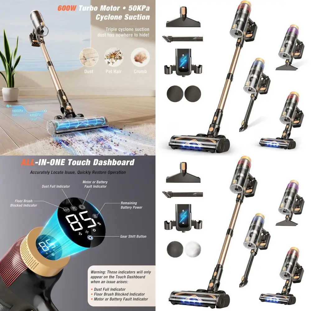 

Мощный беспроводной пылесос 580 Вт, 48 кПа, 70 минут работы, самонесущий, с сенсорным экраном, настенное зарядное устройство, идеально подходит для шерсти домашних животных