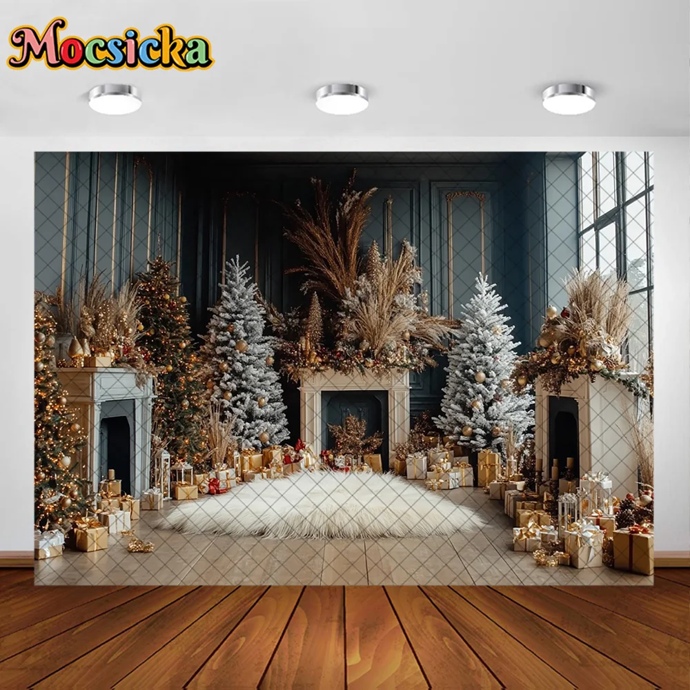 Mocsicka Photography Backdrop Boho Christmas Tree Fireplace Decoration Family Xmas Holiday Portrait Backgrounds For Photographs