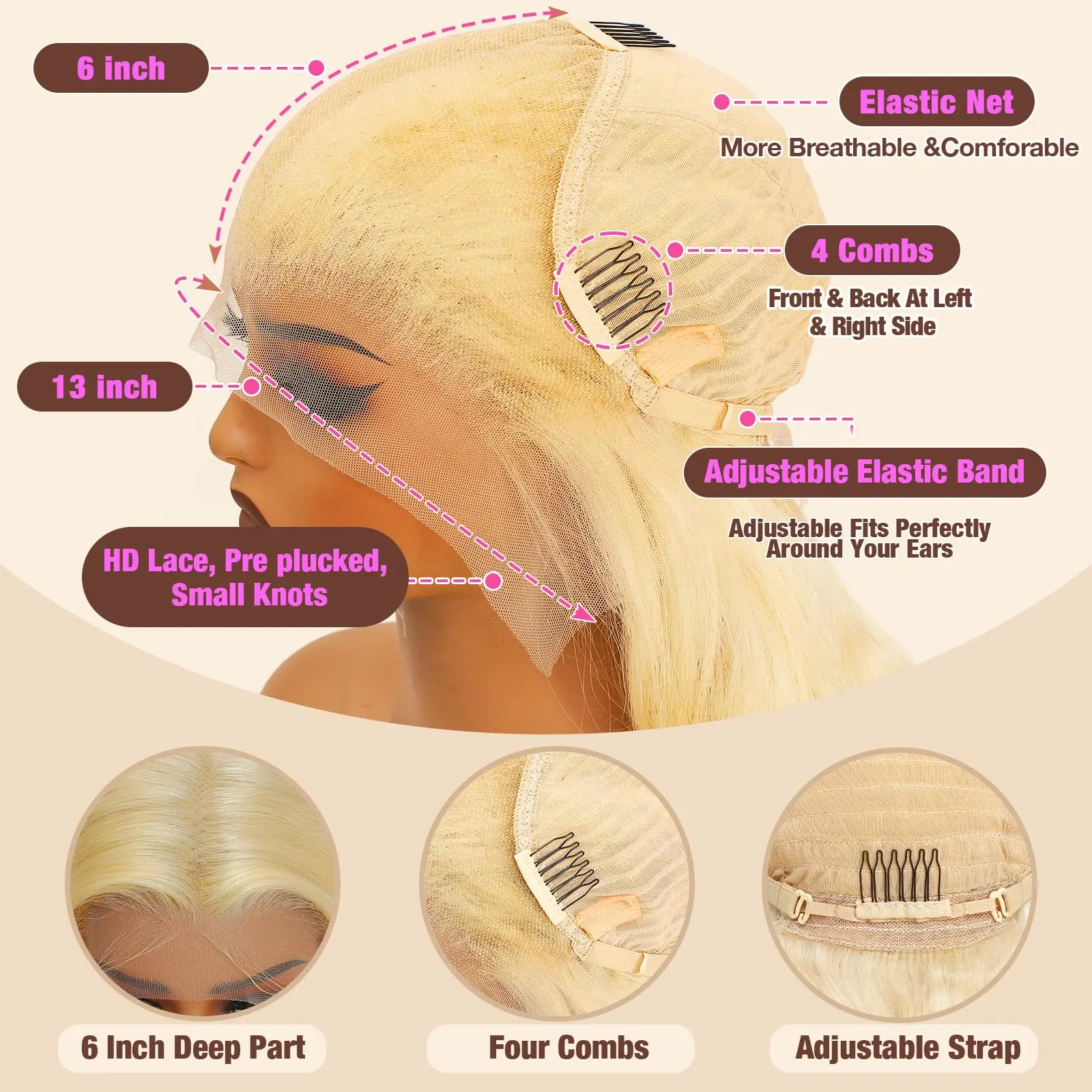 Плотность 220 613 Hd Парик фронтальной части шнурка 13x6 Прозрачный цветной парик из человеческих волос с объемной волной 13x4 Светлый парик фронта шнурка Бразильские волосы
