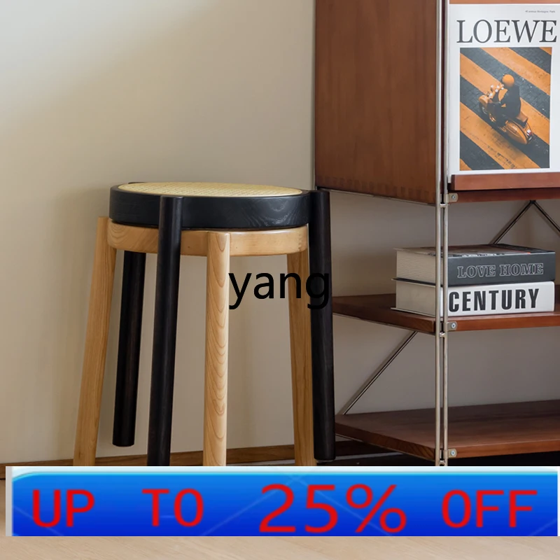 

LTT medieval solid wood rattan dining chair household stackable dining stool chair dressing stool small bench