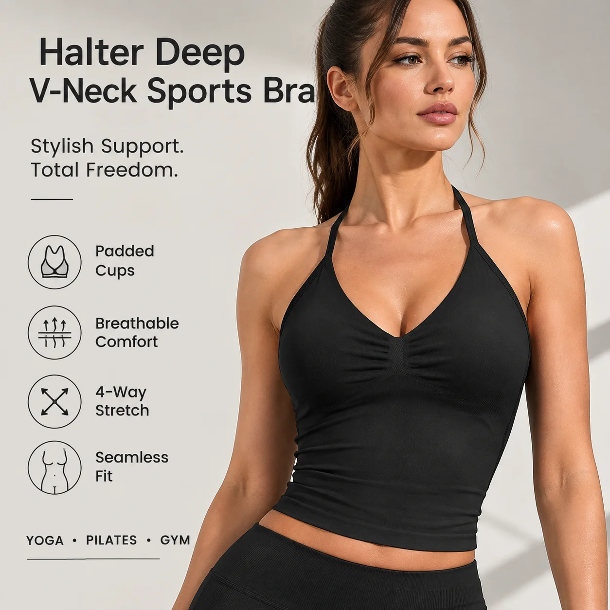 Women's Halter Deep V-Neck Ruched Longline Sports Bra with Padded Cups Seamless Ribbed Hem Workout Crop Tank Top for Yoga Pilate