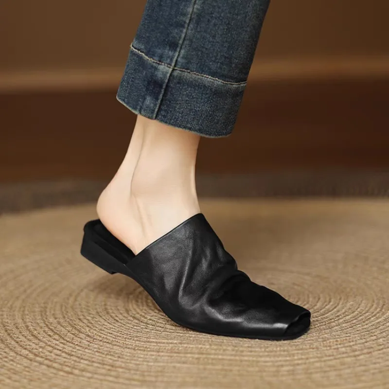 Women's Mules Outer Wear Woman Square Closed Toe Slippers Cowhide Lazier Flats Genuine Leather Simple Style Soft Mule Flat Shoes