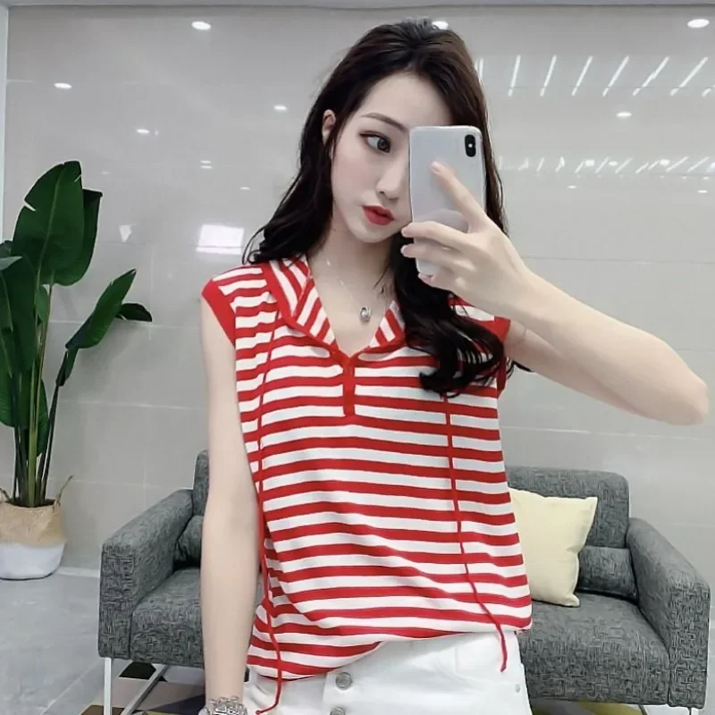 T Shirt for Women Striped Short Sleeve Summer Outfit Black Tops Woman Baggy One Pieces Trending Clothing Aesthetic Yk2 Korean