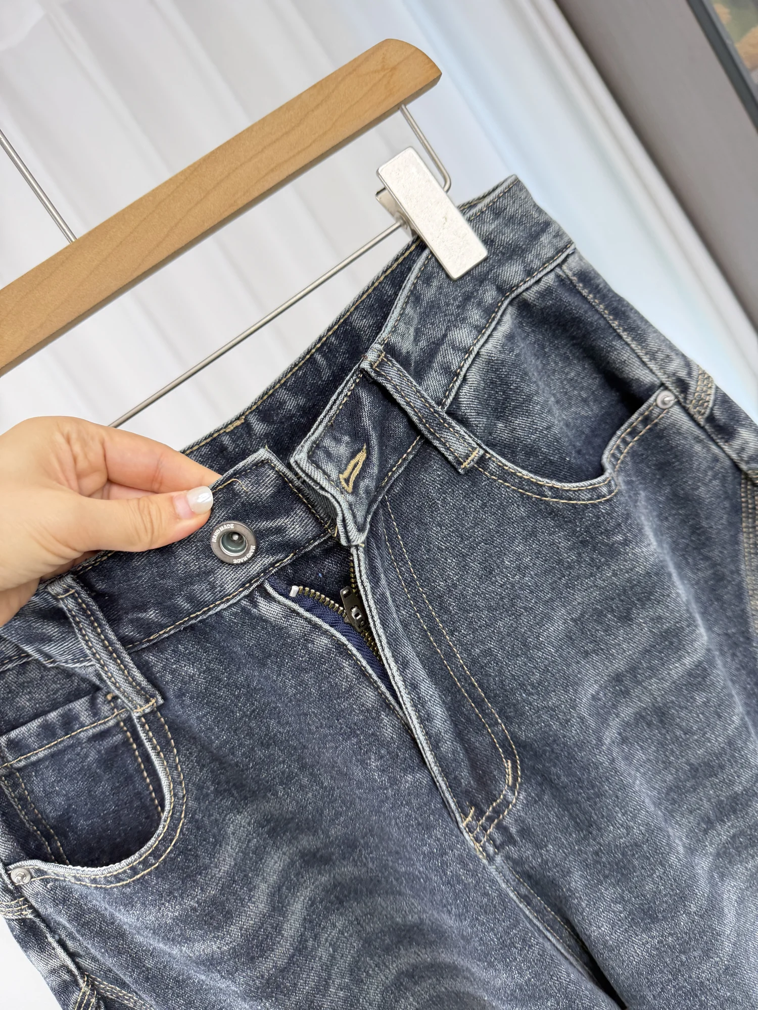 American Style Three-Dimensional Splicing! Design Sense Patchwork! Autumn Men's Washed Loose Handsome Jeans High Waist Button...