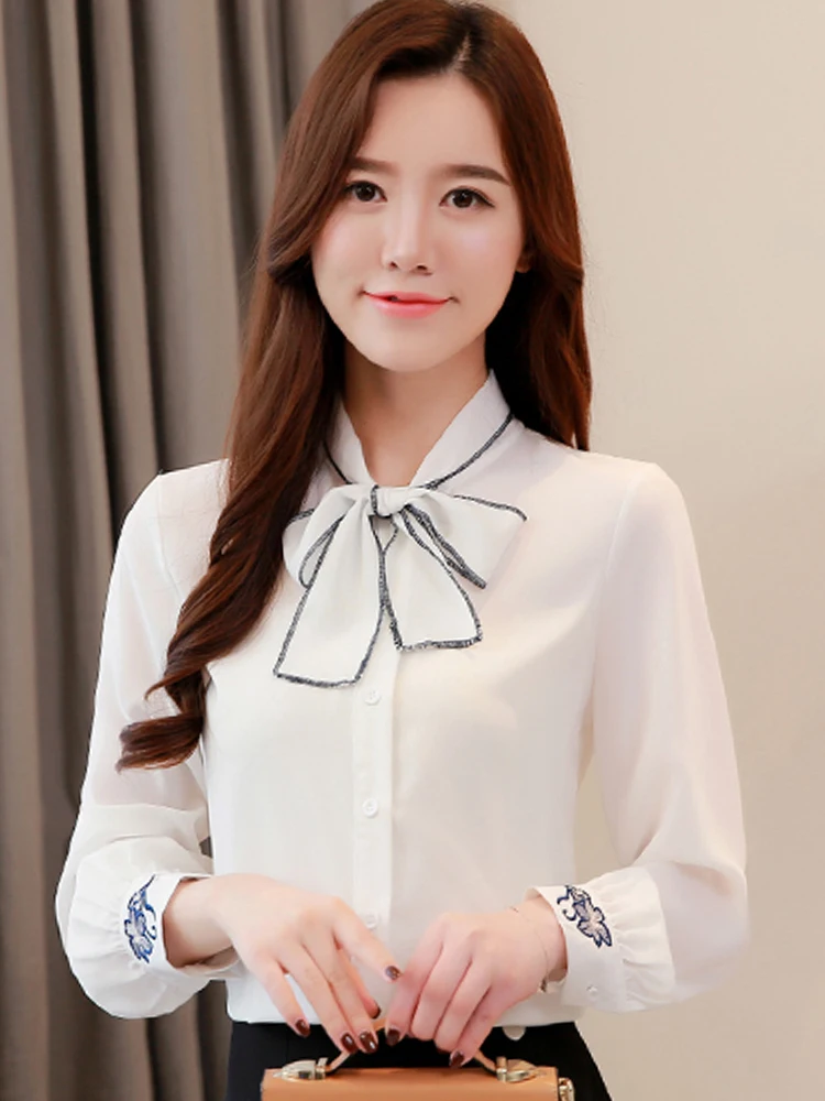 

Женская блузка с вышивкой и длинными рукавами, модный розовый шифоновый топ в корейском стиле, прямого кроя, для офиса и повседневной носки