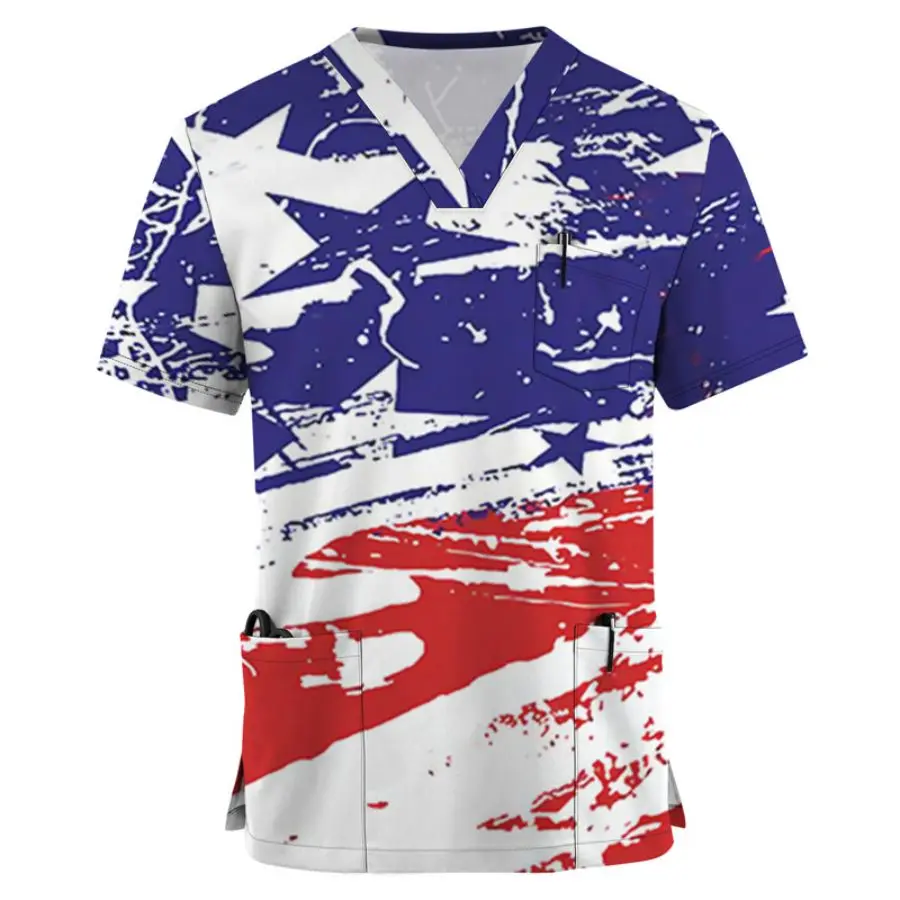 Cross Border European And American Flag Printed Casual Men's Top Summer Loose Cross Collar Protective Work Uniform WB020