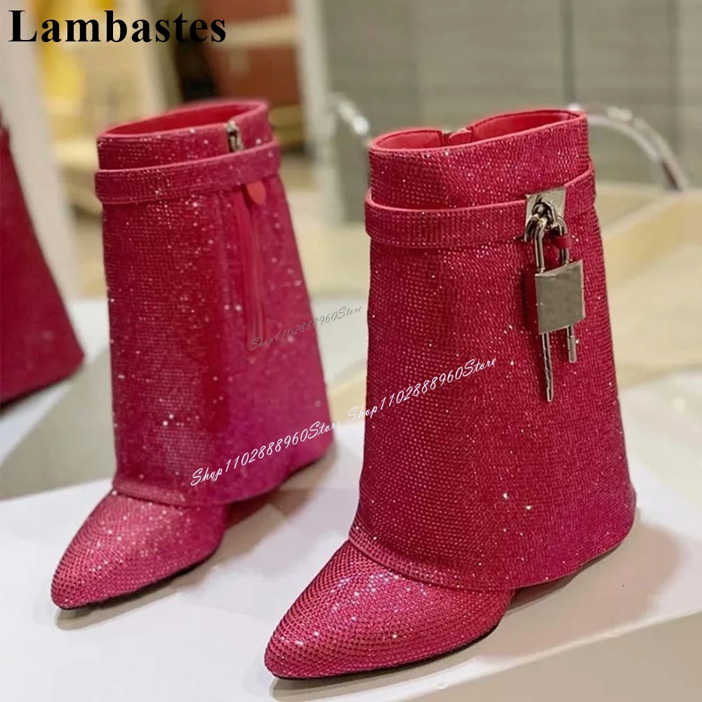 Mid Calf Rose Red Crystal Metal Lock Decor Shark Boots Wedges Heel Women Shoes Side Zipper Pointed Toe 2024 Zapatos Para Mujere