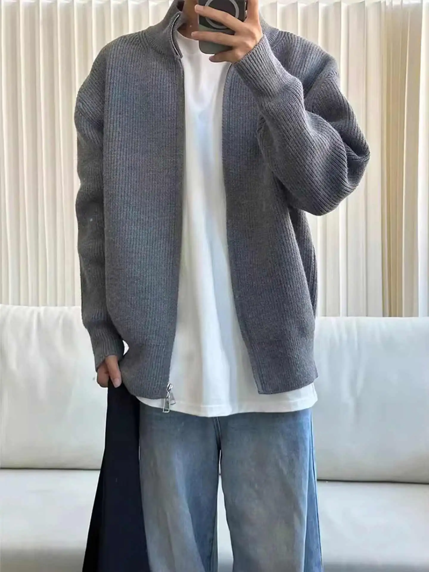 

ay Zipper Knitted Sweater Men's Sle Casual Loose Fit Polyester Fiber Long Sve Stand Collar Open Cardigan Autumn Wear