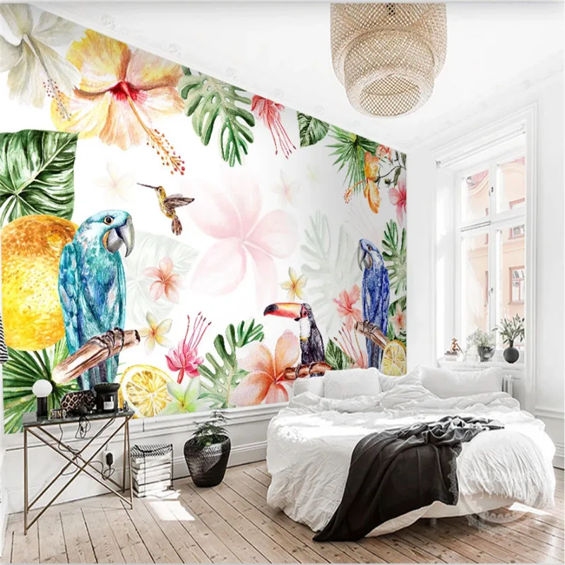 

Custom Tropical Floral Parrots Wallpaper Living Room Bedroom Decor Watercolor Mural Wall Covering Home Improvement Wall Paper 3D