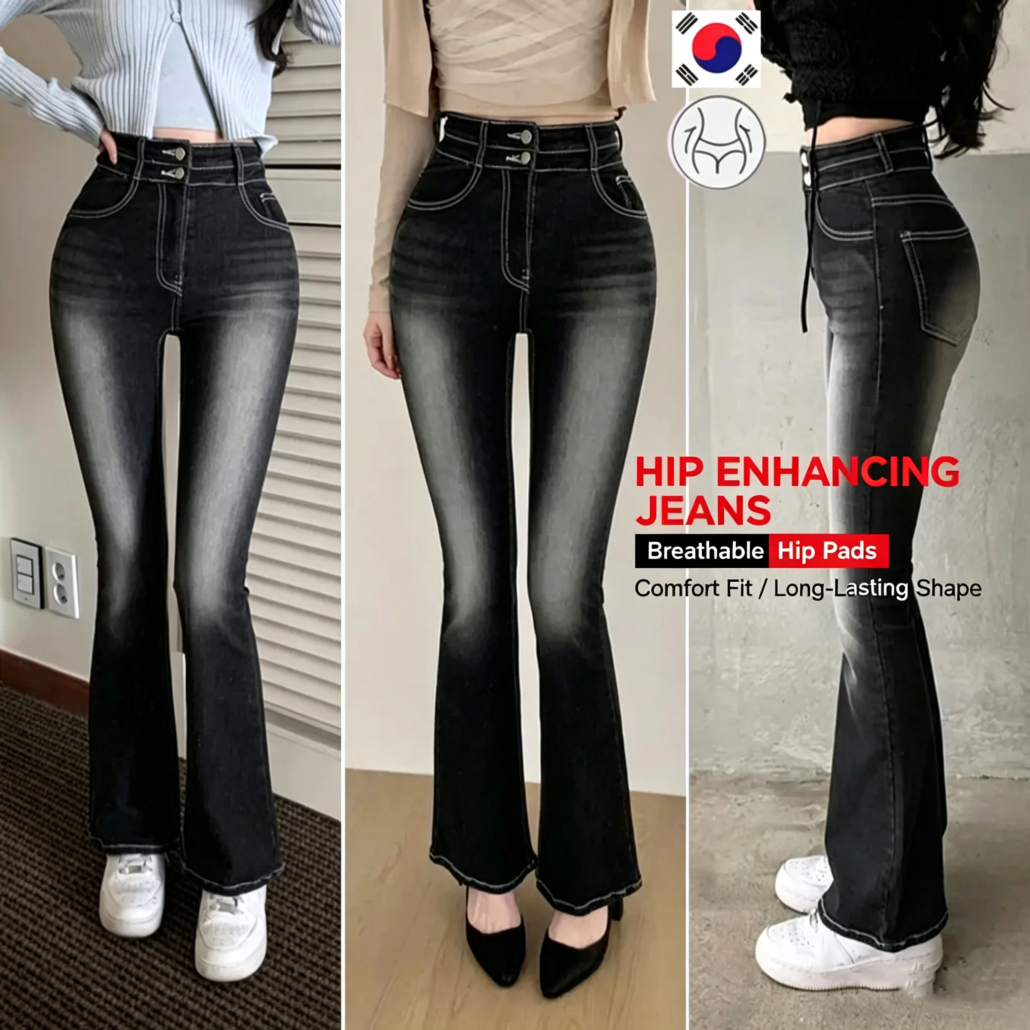 High Waist Bell Bottom Jeans Women's Double Buckle Waist Cinching Hip Enhancing Butt Lifting Denim Cotton Polyester Blend Cas...