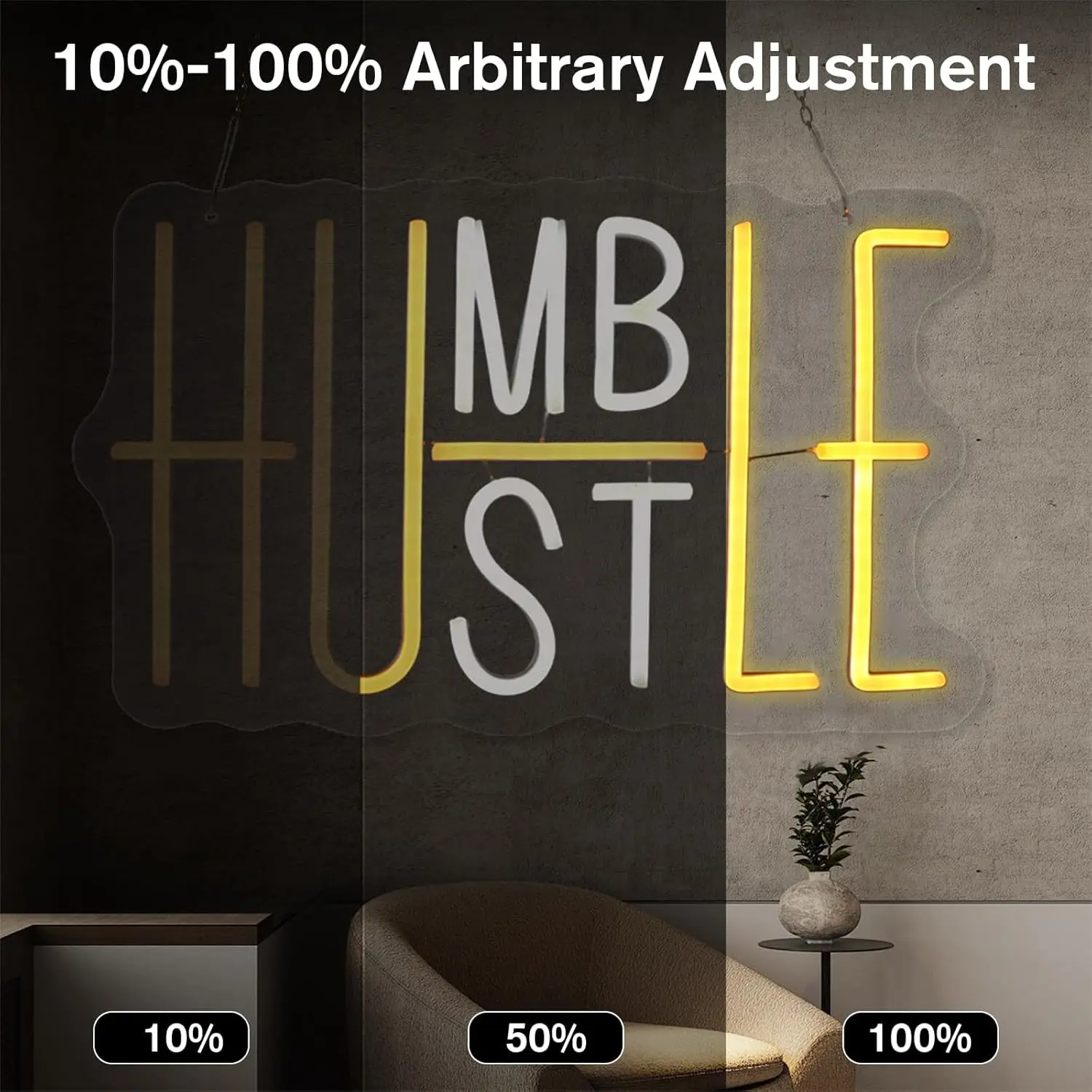 Humble Hustle Neon Sign LED Wall Art USB Powered Acrylic Yellow White Glow Motivational Home Office Living Room Studio Decor