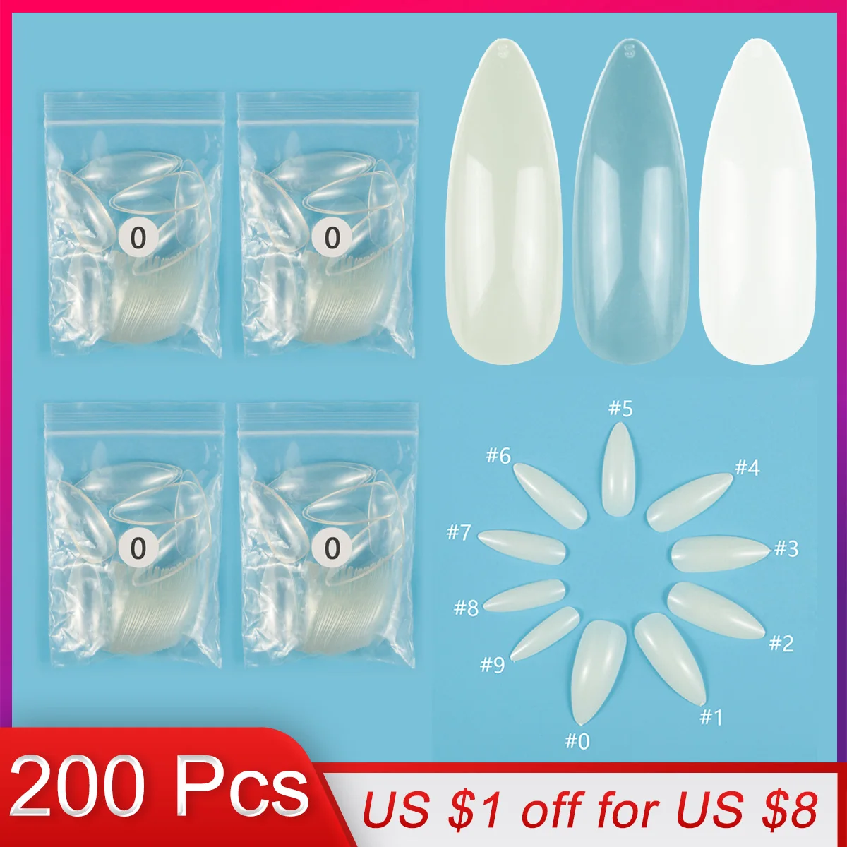 

200 Pieces Same Size Of Long Almond Shape False Nail Tips Purchase Certain Sizes Fake Nails for Nail Art Paintting Prastic