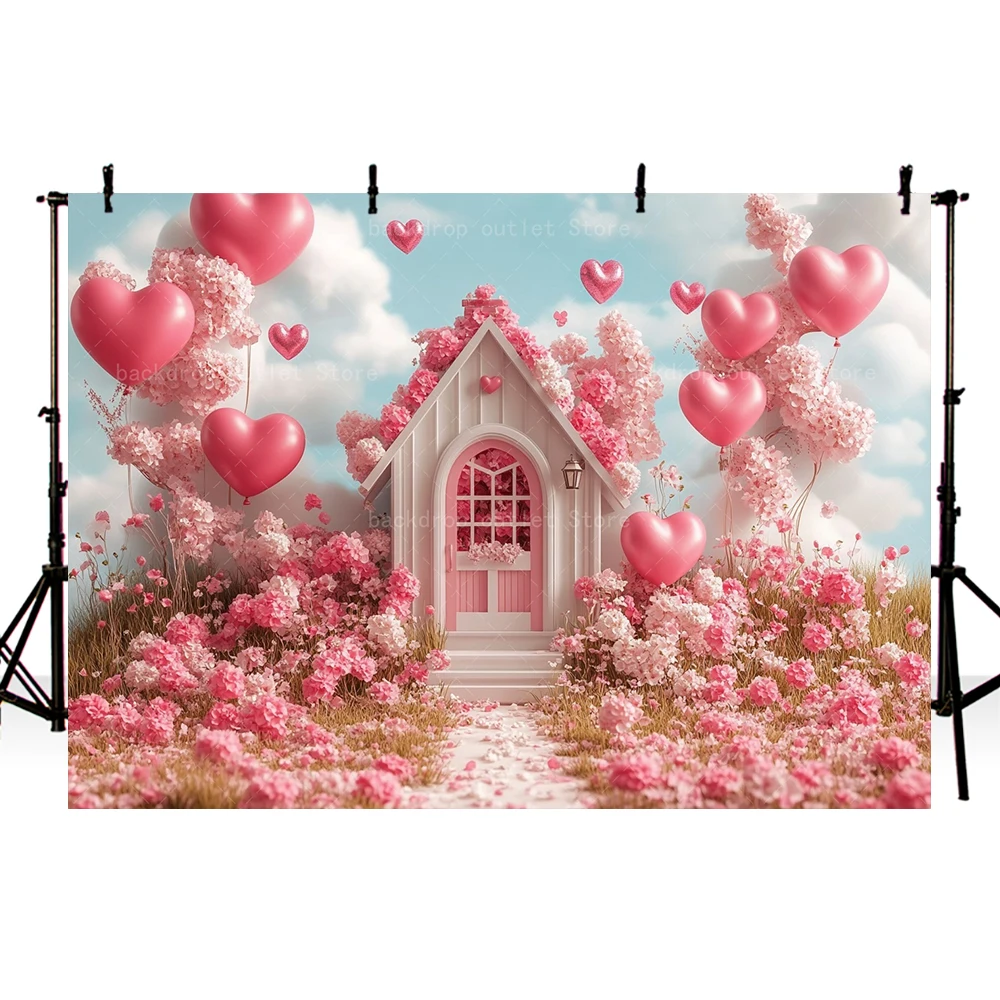 Mehofond Valentine's Day Background Photography Pink Cottage Heart Balloons Floral Decor Party Backdrop Photo Studio Props