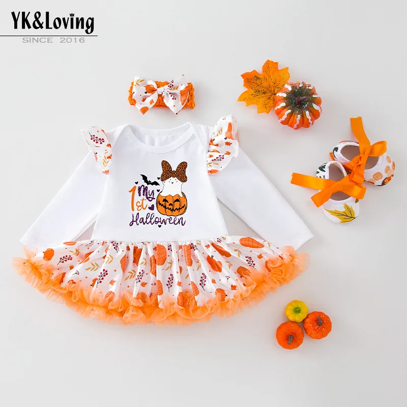 

2025New Halloween Printed Pumpkin Baby Dress Set with Flutter Sleeves, Romper Dress, Cloth Shoes, and Hair Accessories3Set