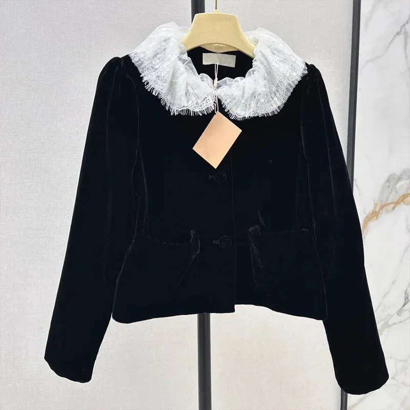 

High quality French Style Women Black Velvet Lace Patchwork Slim coat Sweet Lady White frill ruffle half-round collar 2581648