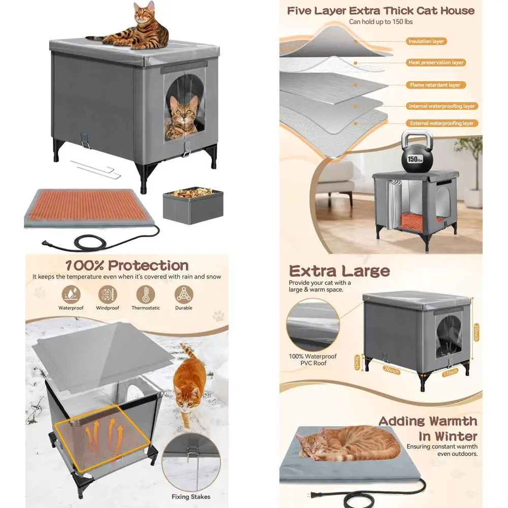 

Extra Large Gray Foldable Insulated Outdoor Cat House with Waterproof PVC Roof, Thermostatic Heating Pad for Winter