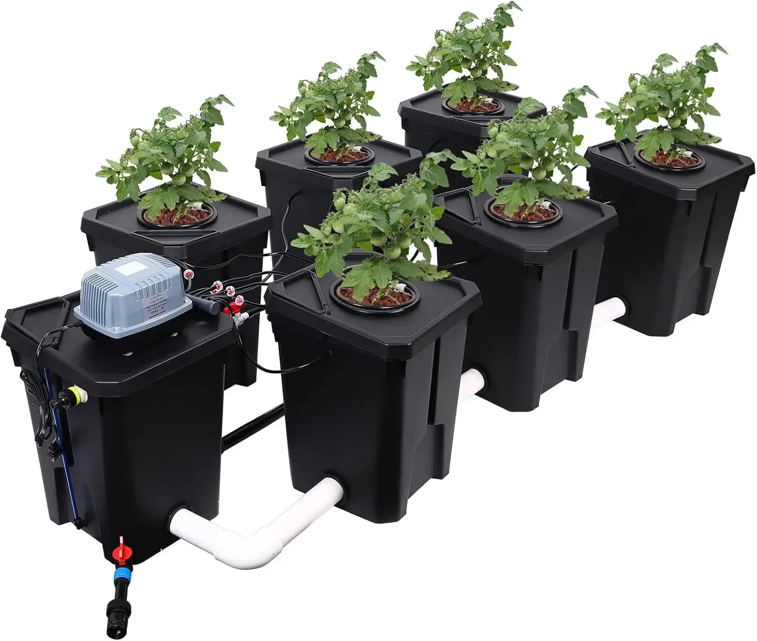 

RDWC Hydroponics Grow System 6 Site + Reservoir, 7-Gallon Top Drip Recirculating Deep Water Culture Hydroponic Bucket System