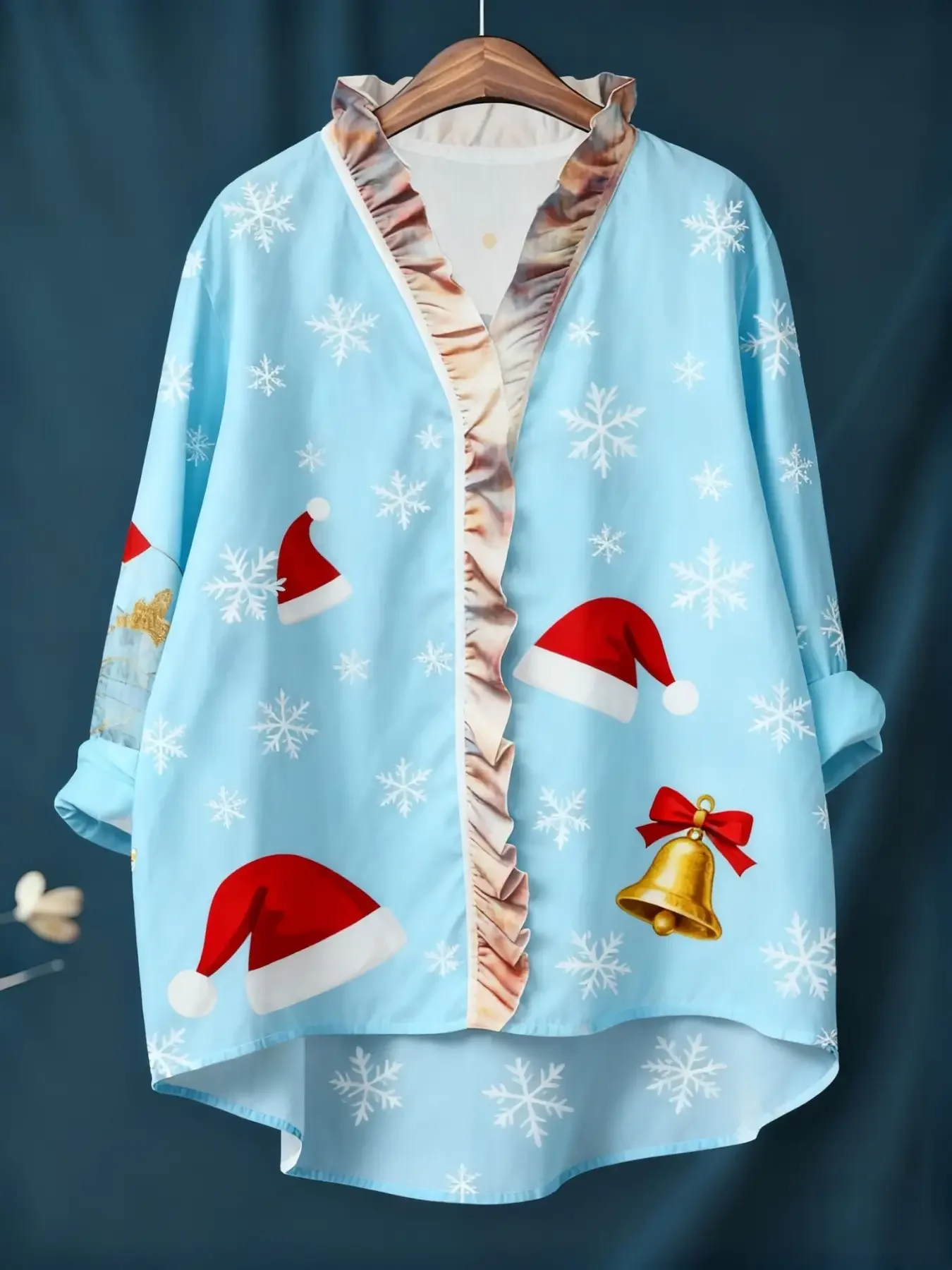 

Christmas digital printed women's long sleeved shirt with ruffled collar, Winter's gift