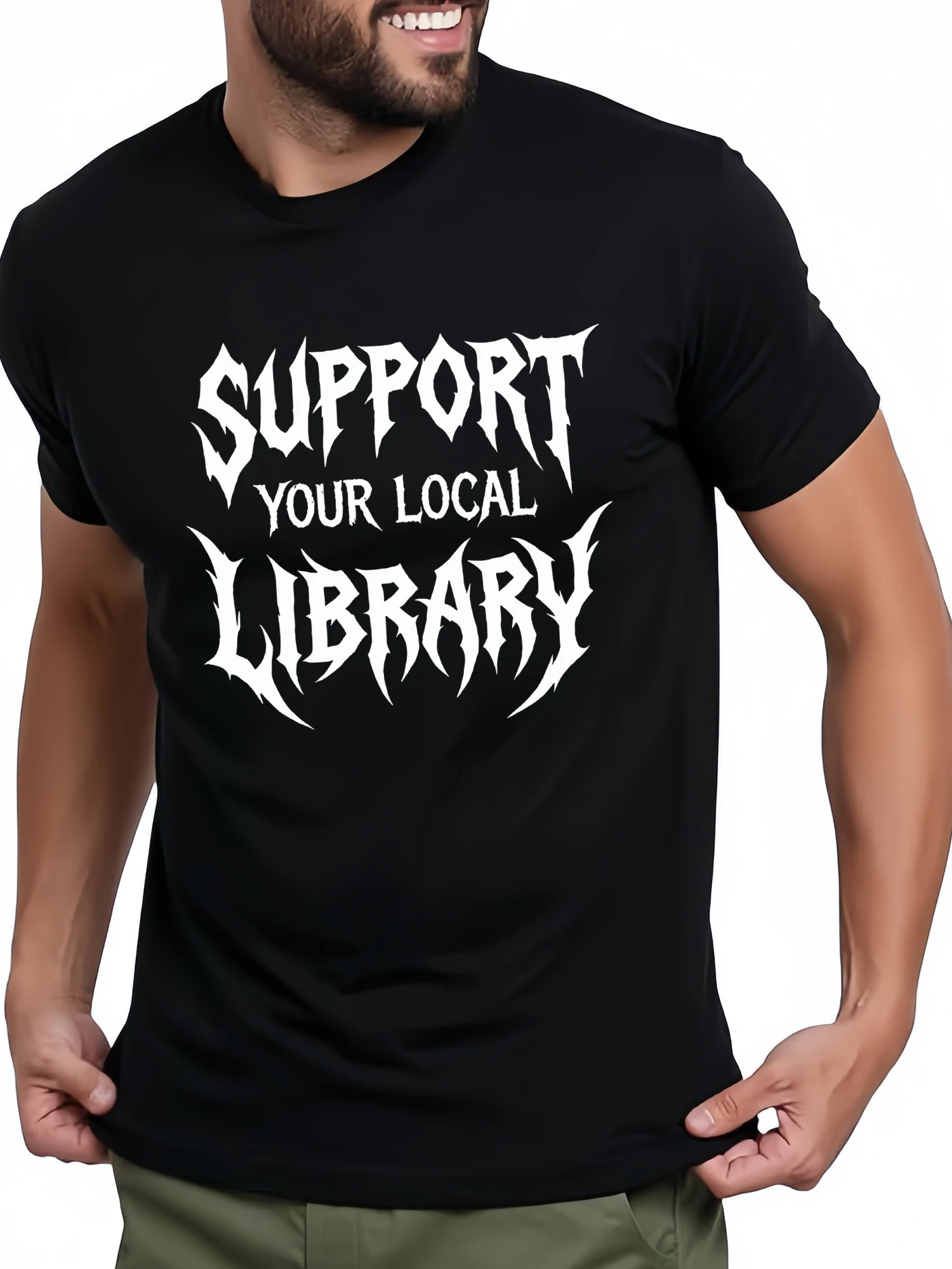 Metal spiky font "Support Your Local Library" printed black T-shirt. Gender-neutral casual short-sleeved shirt for niche library enthusiasts KT0074