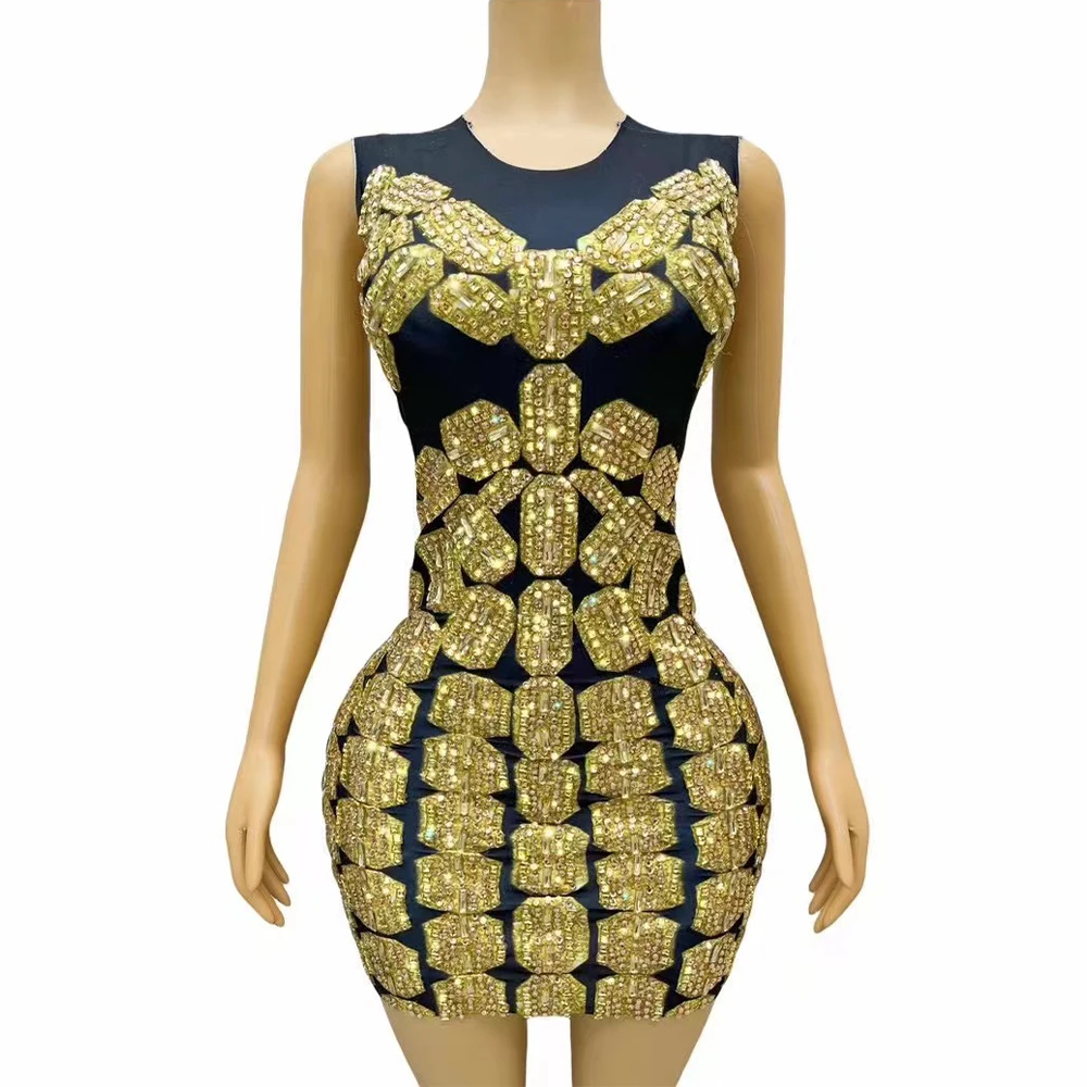 

Special Shining Gold Rhinestones Sleeveless Short Dress Women Birthday Evening Party Gown Stage Performance Photoshoot Costume