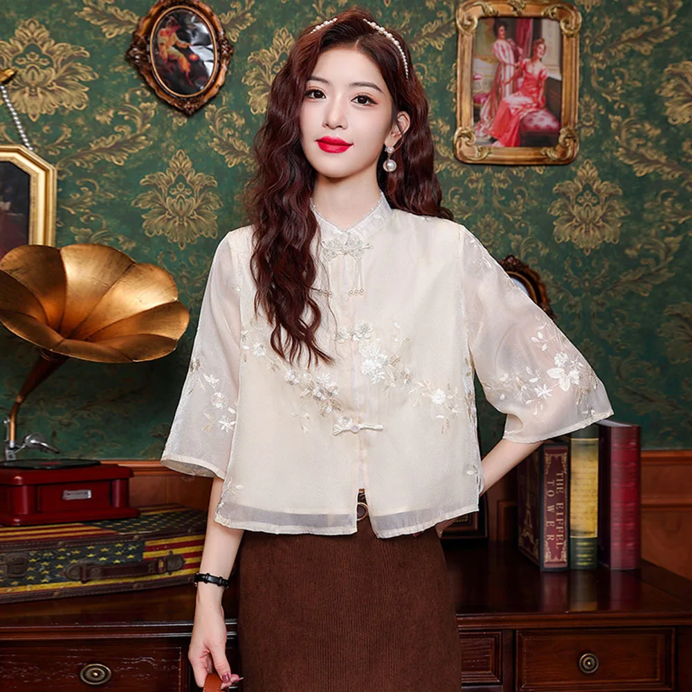 2024 New Chinese Embroidered Pan Button Shirt Women's Spring Summer Stand Up Neck 3/4 Sleeve Loose Blouses Ladies Elegant Tops