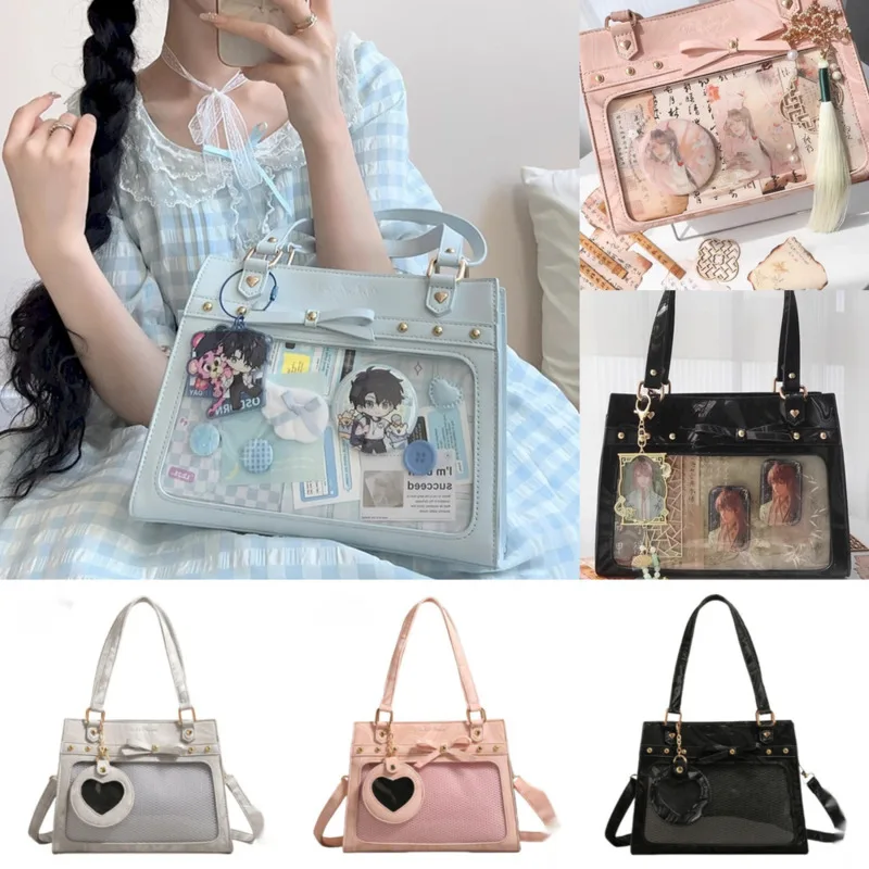 

Bow Itabag Tote Bag Girl Y2K Anime Transparent Badge Display Studded Kawaii Shoulder Crossbody Itabag Girls Cute Versatile Bag