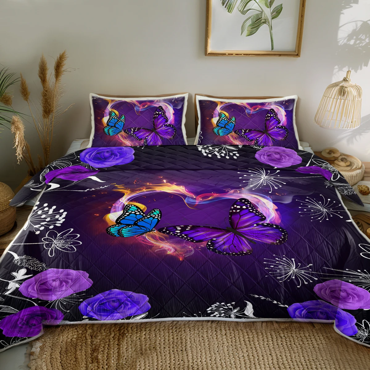 3 Piece Aesthetics Butterflies Bedding Set for Kids Boys Girls Fireworks and Roses Bedding Set 1 Coverlet and 2 Pillowcases