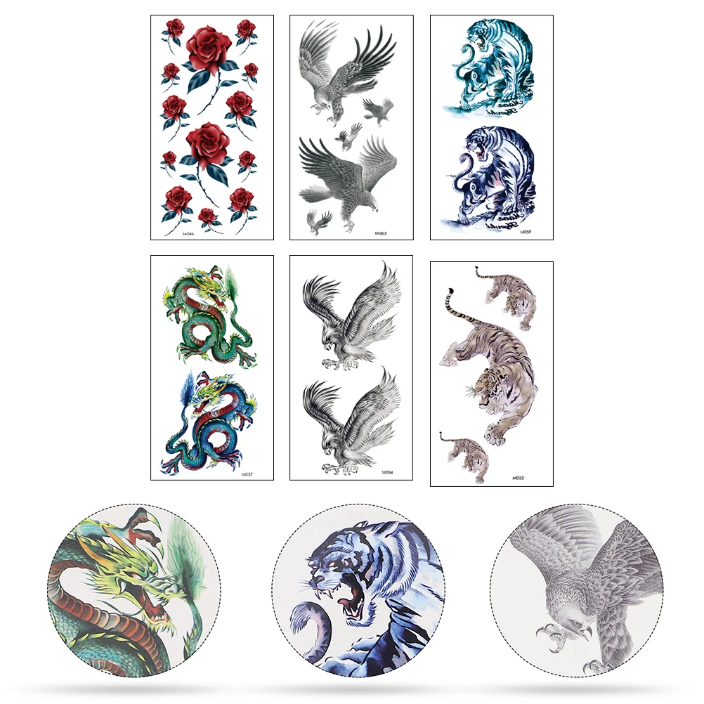 6 Pcs Dragon Tattoos Stickers Flower Temporary Decals Roses Colorful Pvc Men Man