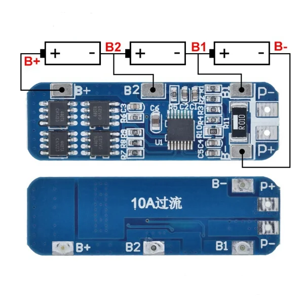 3S 12V 18650 Li-Ion Battery Protection Module 11.1V 12.6V Overcharge and Discharge Peak 10A Current Overcurrent Protection