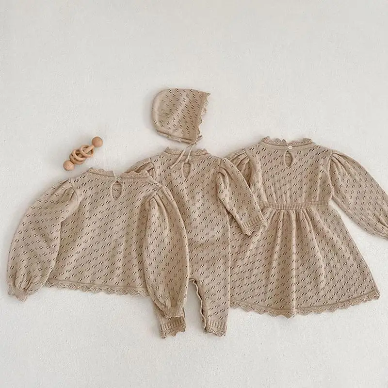 2024 New Girl Dresses Autumn Knitted Princess Dress Baby Girls Long Sleeves Knitting Top Newborn Solid Color Romper Sister Wear