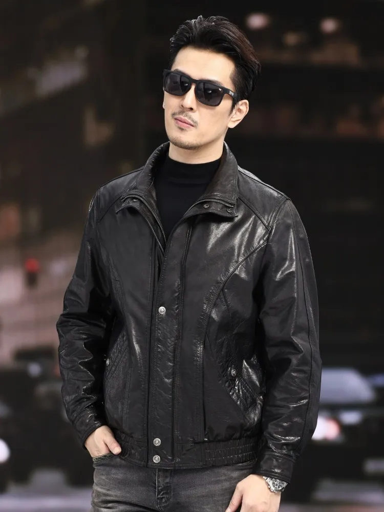 Mens Stand Collar Motorcycle Biker Cowhide Genuine Leather Jacket Windproof Riding Outwear Coat Business Casual Work Jacket 5XL