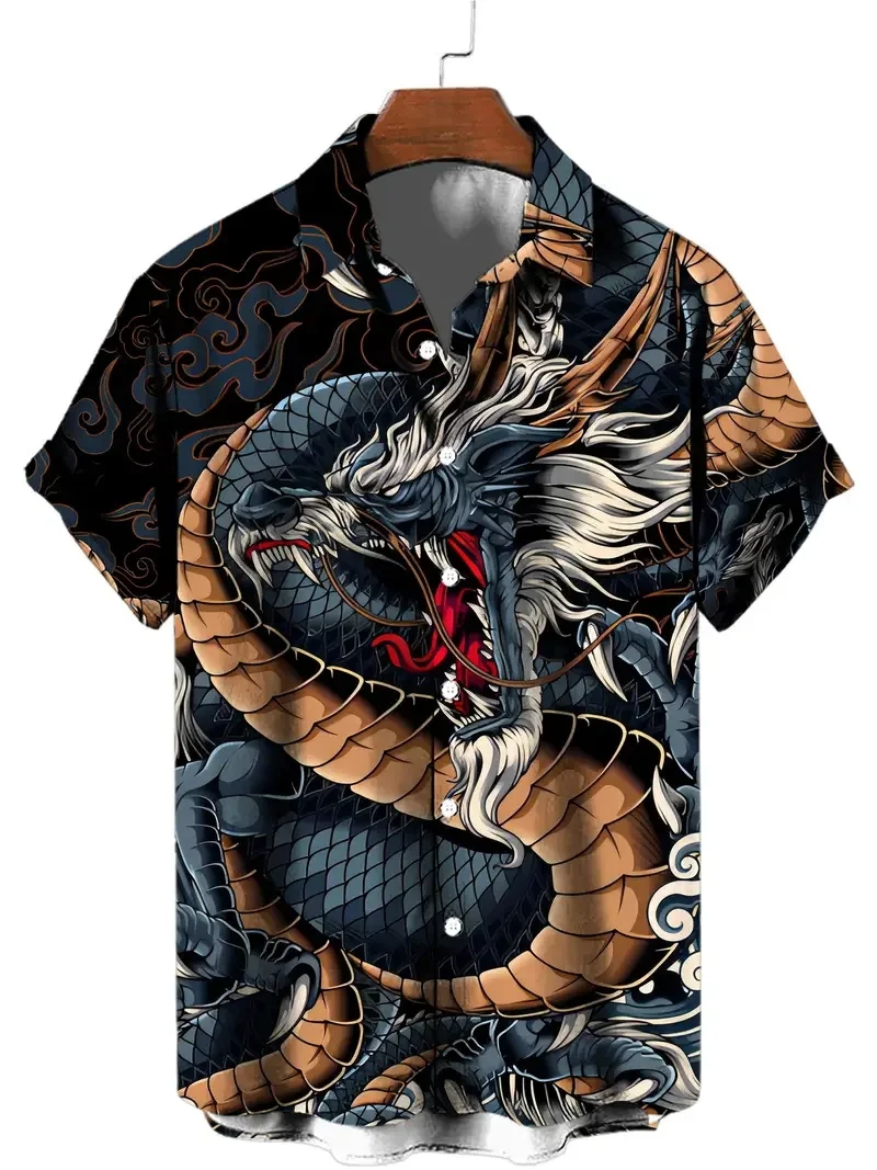 Men\'s fashionable Hawaiian lapel pattern shirt, fashionable ink animal Chinese dragon pattern print suitable for summer vacation