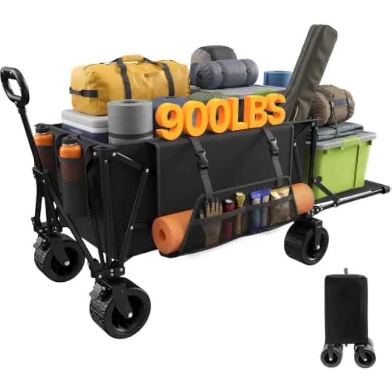 49 Inch Foldable Utility Wagon with 900 Pound Capacity 300 Liter Volume All Terrain 7 Inch Swivel Wheels Telescoping Handle Wate