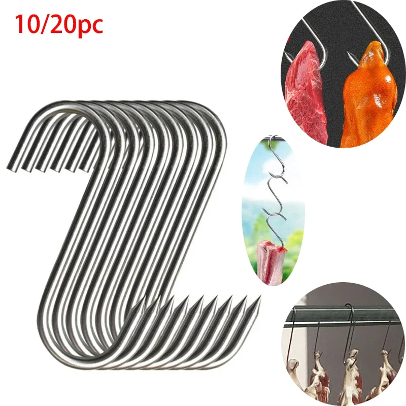 10/20Pcs Stainless Steel S Hooks with Sharp Tip Utensil Meat Clothes Hanger Hanging Hooks for Butcher Shop Kitchen Baking Tools