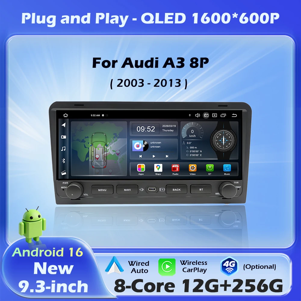 Android 16 Wireless Carplay Auto For Audi A3 8P 2003 -2013 Car Radio Multimedia Player GPS Navigation Audio Stereo DSP 4G WIFI
