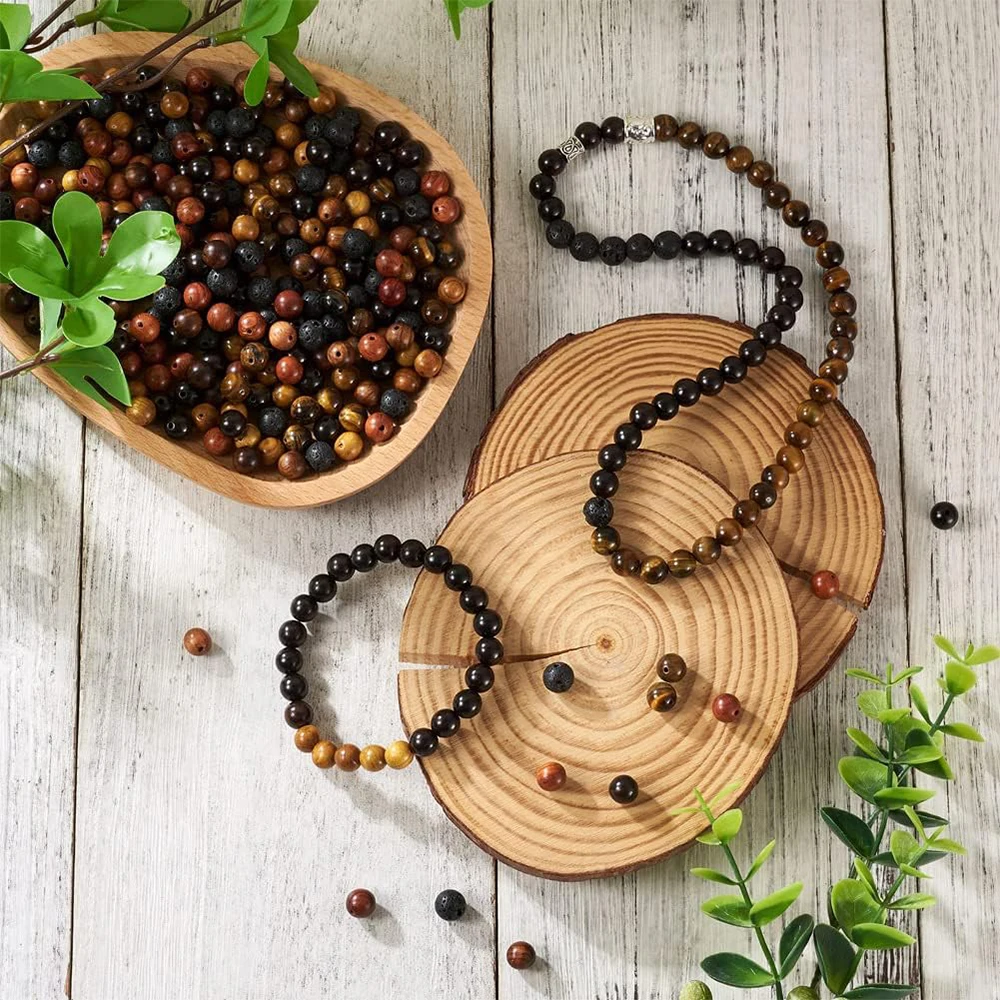 

300 шт., 6 стилей, круглые бусины из натурального дерева с драгоценными камнями, комплект пасхальных бусин из лавового камня, 8 мм, класс AB, тигровый глаз, свободный браслет, изготовление ювелирных изделий