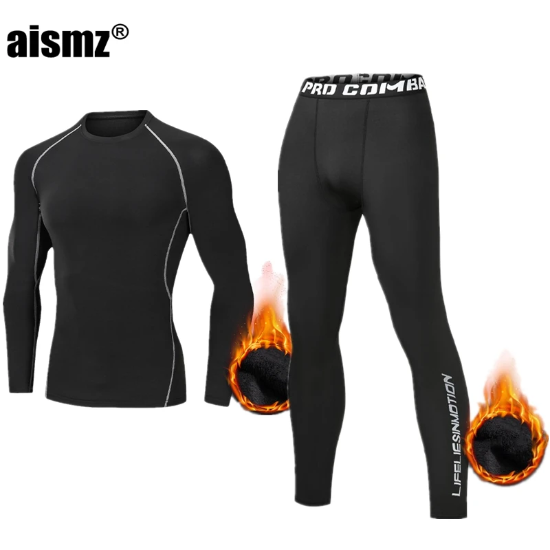 Aismz Winter Thermal Underwear Men Sport Compression Fitness Fleece Termos Rashguard Second Men\'s Skin Long Johns First Layer