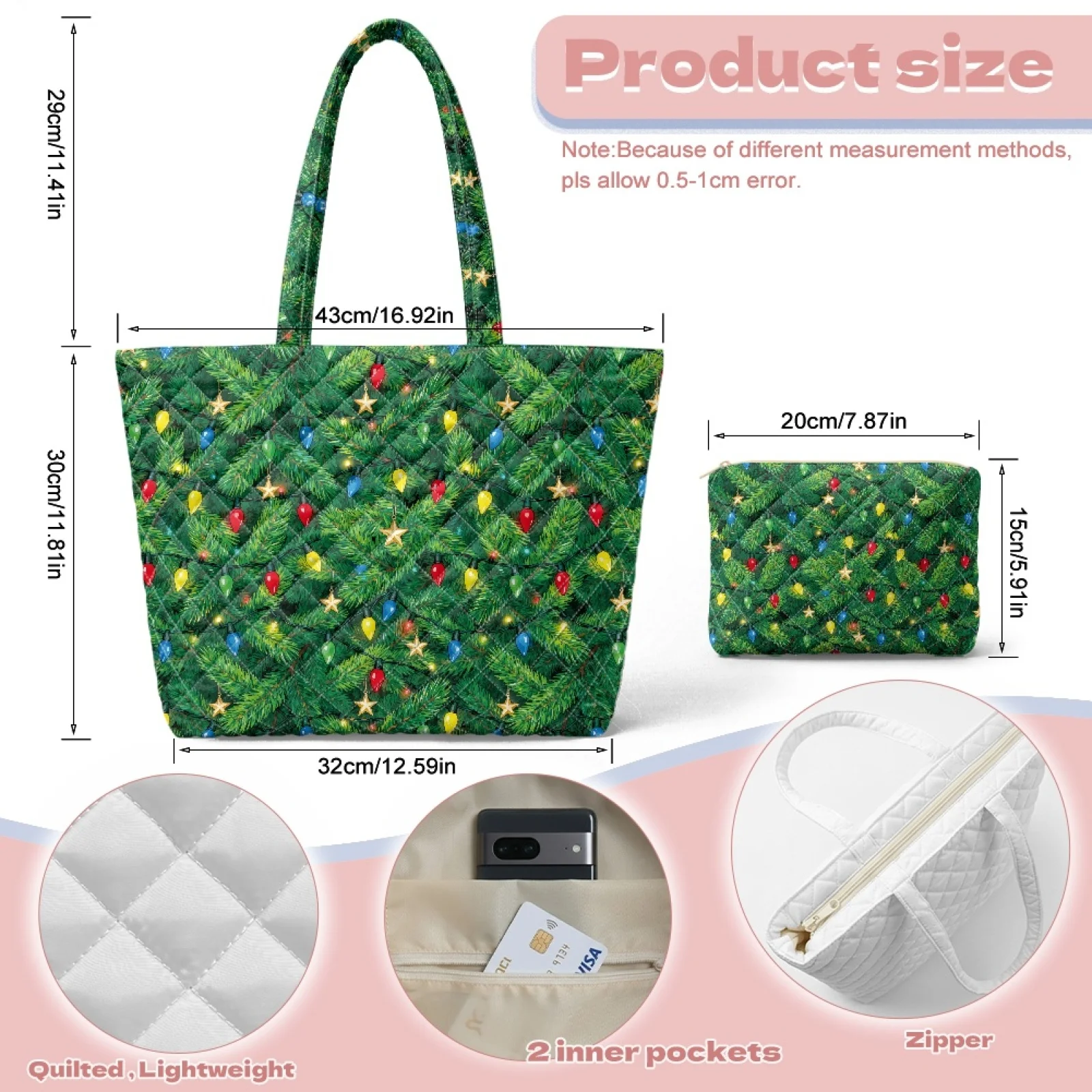 Coloranimal Star LED Strip 2 Packs Quilted Inner Pockets Tote Bags Handbags Shoulder Bag with Cosmetic Bag for Travel Use