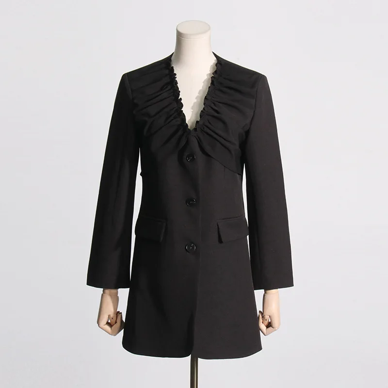 Elegant High-End Women's Pleated V-Neck Blazer Coat Slim Fit Long Sleeve Autumn Fashion for Professional Settings