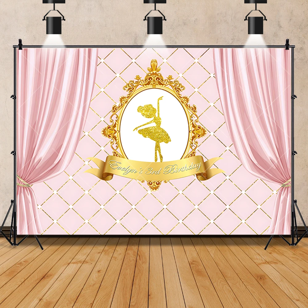 Ballet Princess Background Custom Girl Birthday Party Golden Pink Tutu Decoration Banner Baby Shower  Photography Backdrop Props