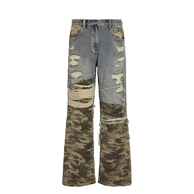Calças Jeans Americanas Retrô com Camuflagem e Patchwork para Homens e Mulheres, Calças de Perna Larga com Efeito Desgastado, Modernas e Casuais.