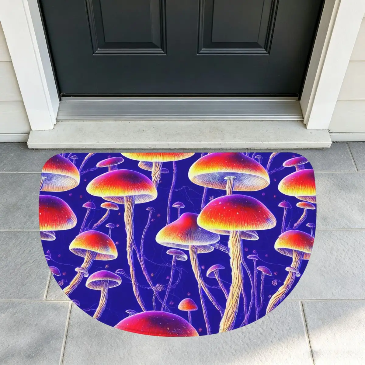 Magic Mushrooms Pattern Design Soft Flannel Half Round Doormat Non Slip Bathroom Mat Absorbent Floor Carpet for Living Room