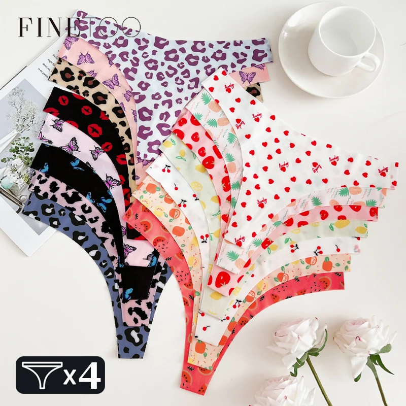 FINETOO 4-delig ultrazacht ondergoed voor vrouwen, sexy grafische print, naadloze strings, vrouwelijke stretch luipaard, G-snaren, comfortlingerie