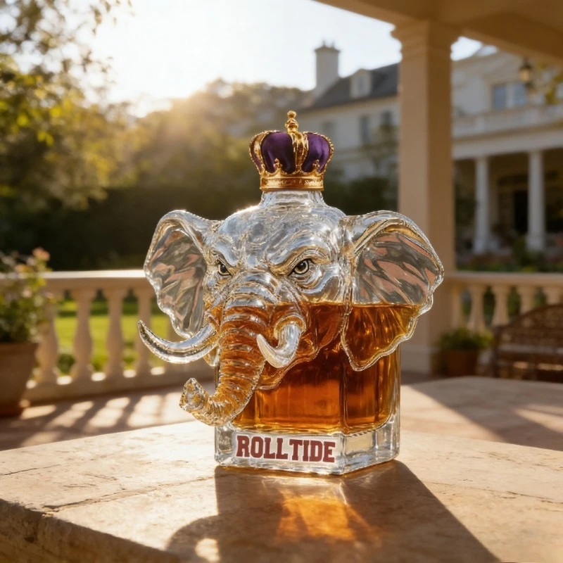 Alabama Roll Tide Elephant Whiskey Bottle, Crown Glass Decanter, University Fan Collection Ornament